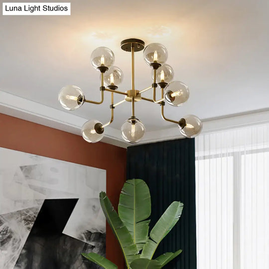 Modernist Amber Glass Globe Semi Flush Ceiling Mount Light Fixture (9/13 Bulbs) In Brass