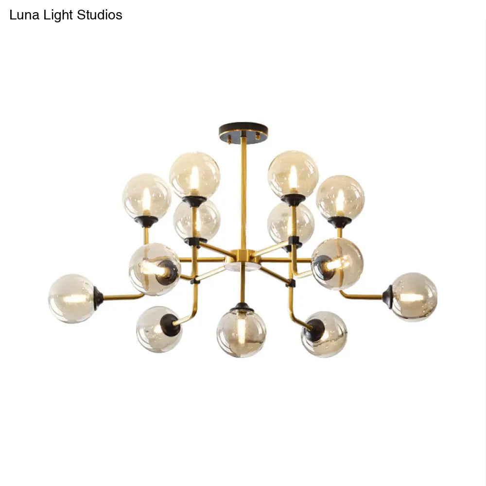 Modernist Amber Glass Globe Semi Flush Ceiling Mount Light Fixture (9/13 Bulbs) In Brass