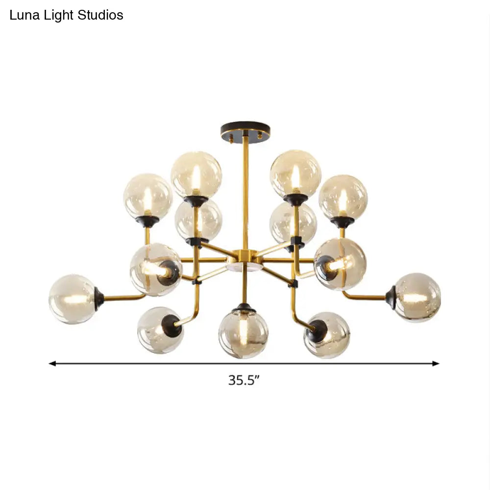 Modernist Amber Glass Globe Semi Flush Ceiling Mount Light Fixture (9/13 Bulbs) In Brass