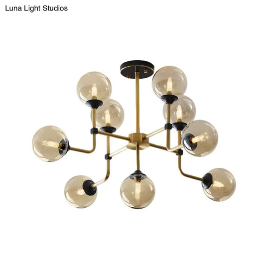 Modernist Amber Glass Globe Semi Flush Ceiling Mount Light Fixture (9/13 Bulbs) In Brass