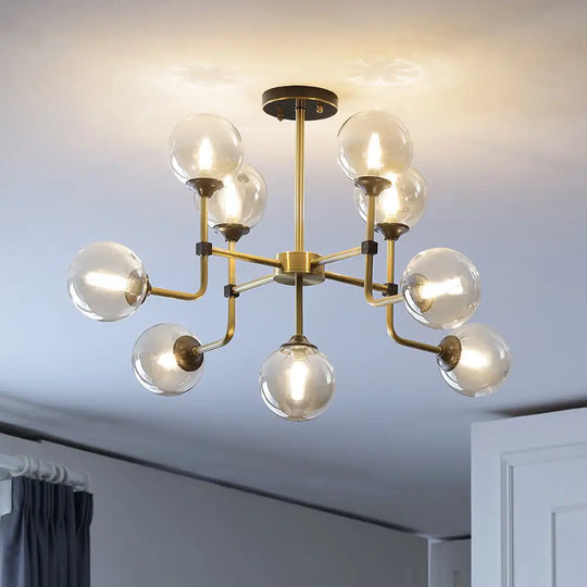 Modernist Amber Glass Globe Semi Flush Ceiling Mount Light Fixture (9/13 Bulbs) In Brass 9 /