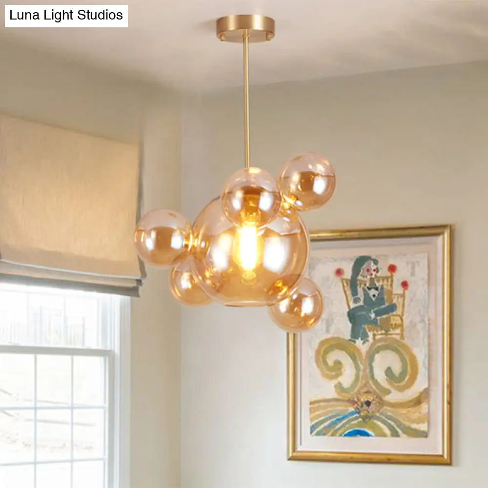 Modernist Amber Glass Pendant Lamp For Dining Table - 1 Light Bubble Shape Hanging Kit