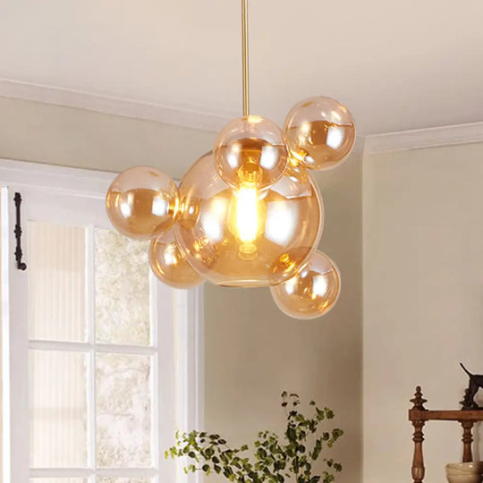 Modernist Amber Glass Pendant Lamp For Dining Table - 1 Light Bubble Shape Hanging Kit / A