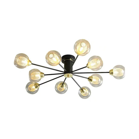 Modernist Amber Glass Semi Flush Mount Ceiling Lamp - 10 - Head Black Radial Design