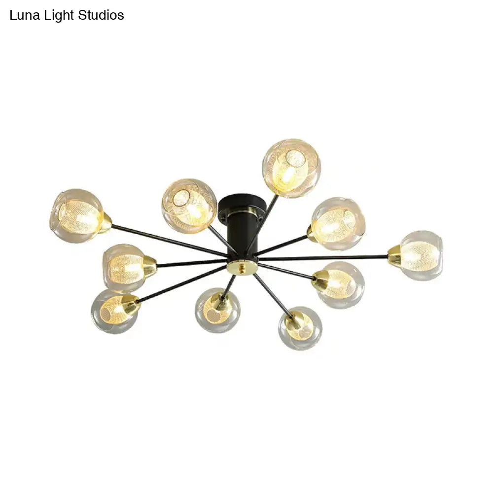 Modernist 10-Head Amber Glass Ball Semi Flush Mount Ceiling Lamp With Radial Black Design
