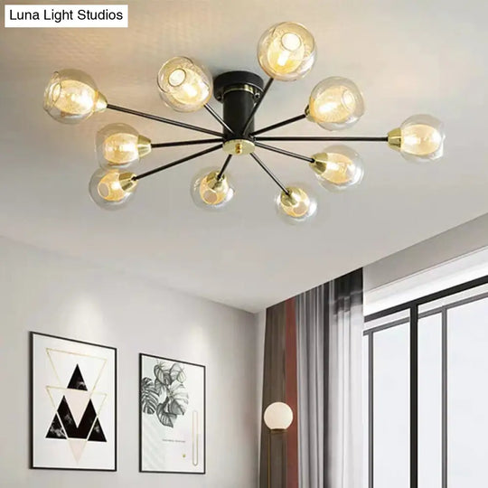Modernist 10-Head Amber Glass Ball Semi Flush Mount Ceiling Lamp With Radial Black Design