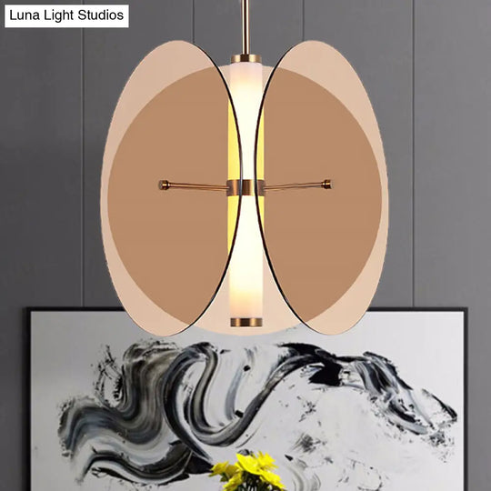 Modernist Amber/Smoke Glass Pendant Light With Led-Enhanced Round Design