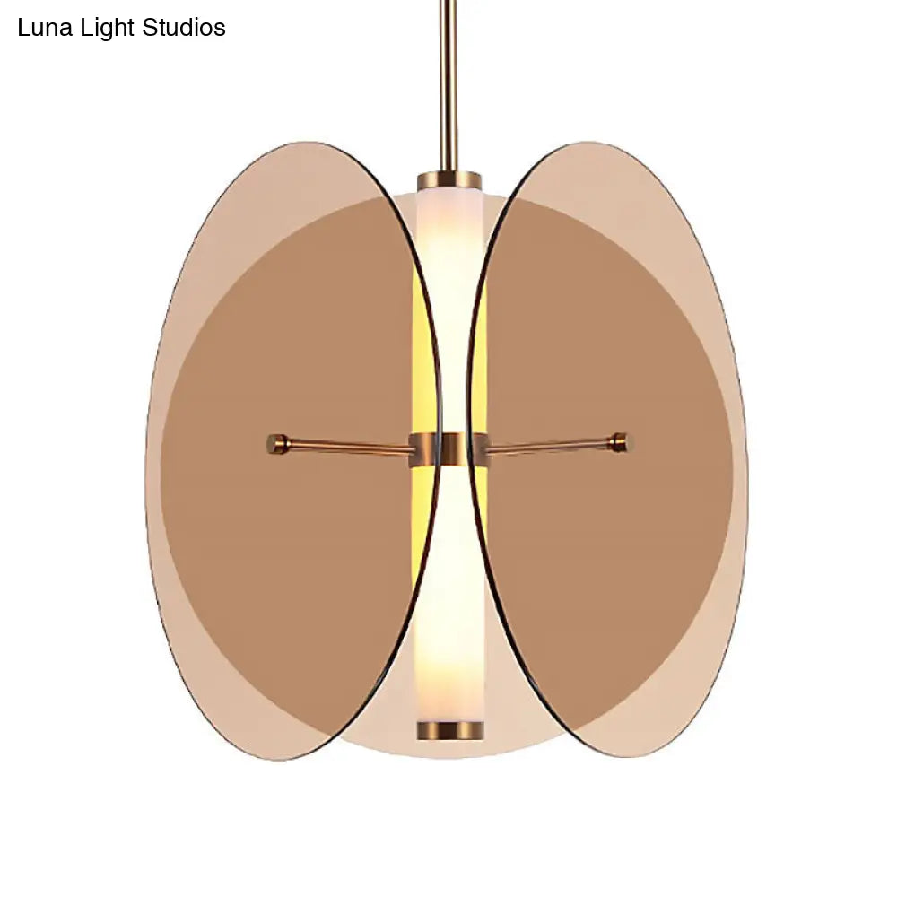 Modernist Amber/Smoke Glass Pendant Light With Led-Enhanced Round Design