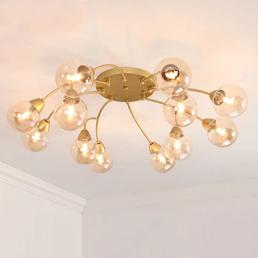 Modernist Amber/Smoky/Cream Glass Semi Flush Lamp With Grape Shape Led Lights - Gold Mount Fixture
