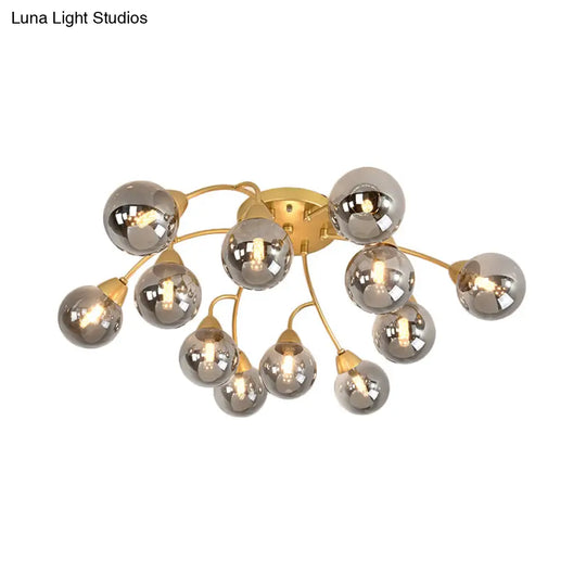 Modernist Amber/Smoky/Cream Glass Semi Flush Lamp With Grape Shape Led Lights - Gold Mount Fixture