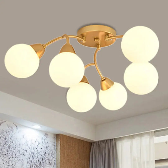 Modernist Amber/Smoky/Cream Glass Semi Flush Lamp With Grape Shape Led Lights - Gold Mount Fixture