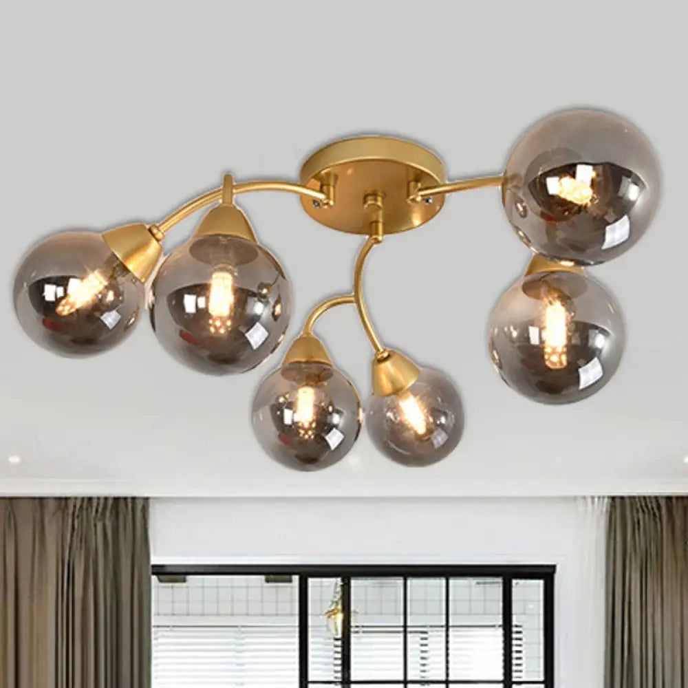 Modernist Amber/Smoky/Cream Glass Semi Flush Lamp With Grape Shape Led Lights - Gold Mount Fixture