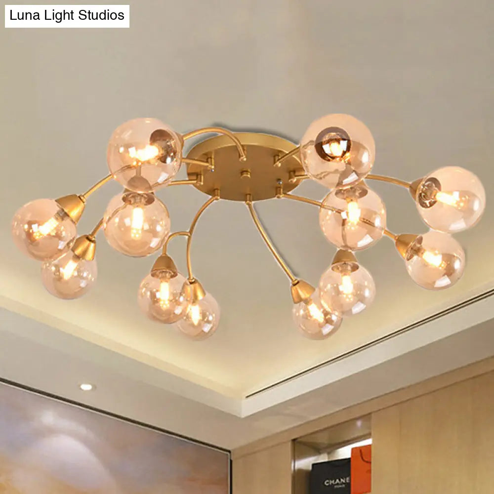 Modernist Amber/Smoky/Cream Glass Semi Flush Lamp With Grape Shape Led Lights - Gold Mount Fixture