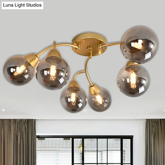 Modernist Amber/Cream/Smoky Glass Semi Flush Lamp - Gold Led Lighting Fixture 6 / Smoke Gray