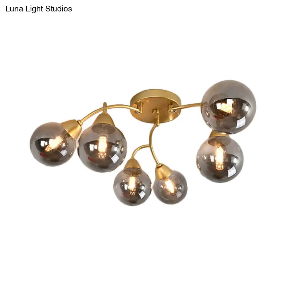 Modernist Amber/Smoky/Cream Glass Semi Flush Lamp With Grape Shape Led Lights - Gold Mount Fixture