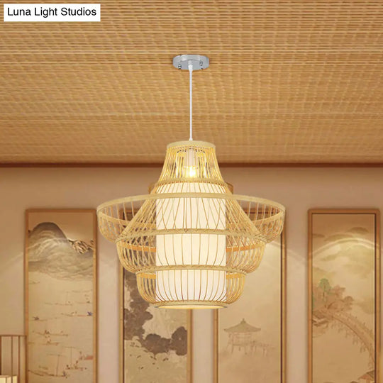 16/19.5 Wide Bamboo Jar Suspension Pendant - Modernist 1 Bulb Wood Hanging Light Kit