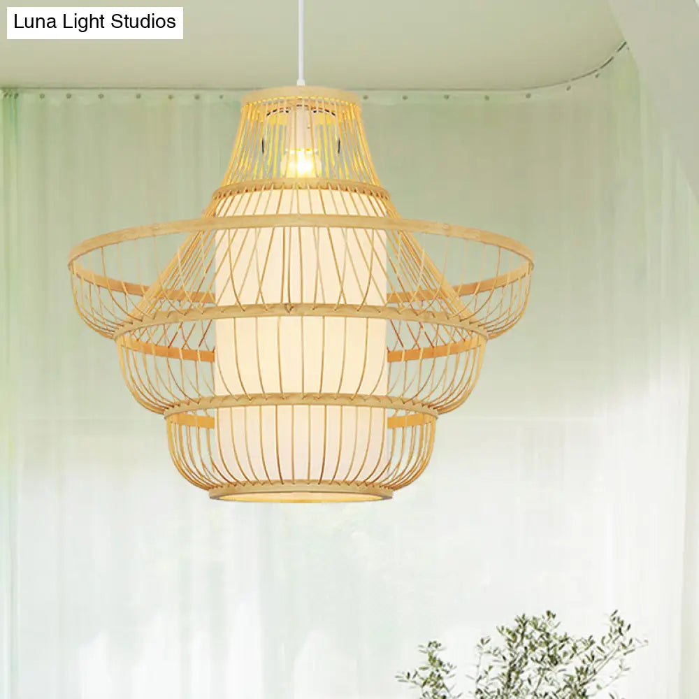 16/19.5 Wide Bamboo Jar Suspension Pendant - Modernist 1 Bulb Wood Hanging Light Kit / 16