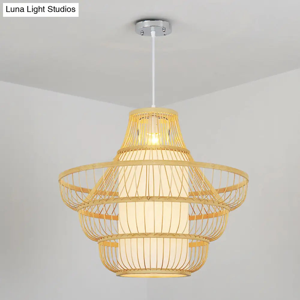 16/19.5 Wide Bamboo Jar Suspension Pendant - Modernist 1 Bulb Wood Hanging Light Kit / 19.5