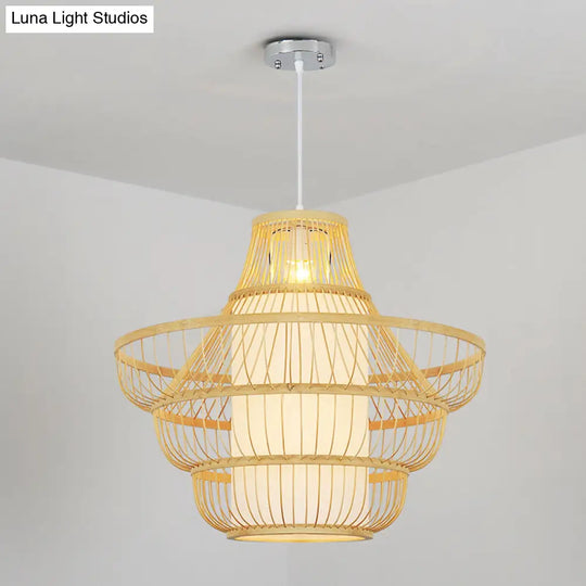 16/19.5 Wide Bamboo Jar Suspension Pendant - Modernist 1 Bulb Wood Hanging Light Kit / 19.5