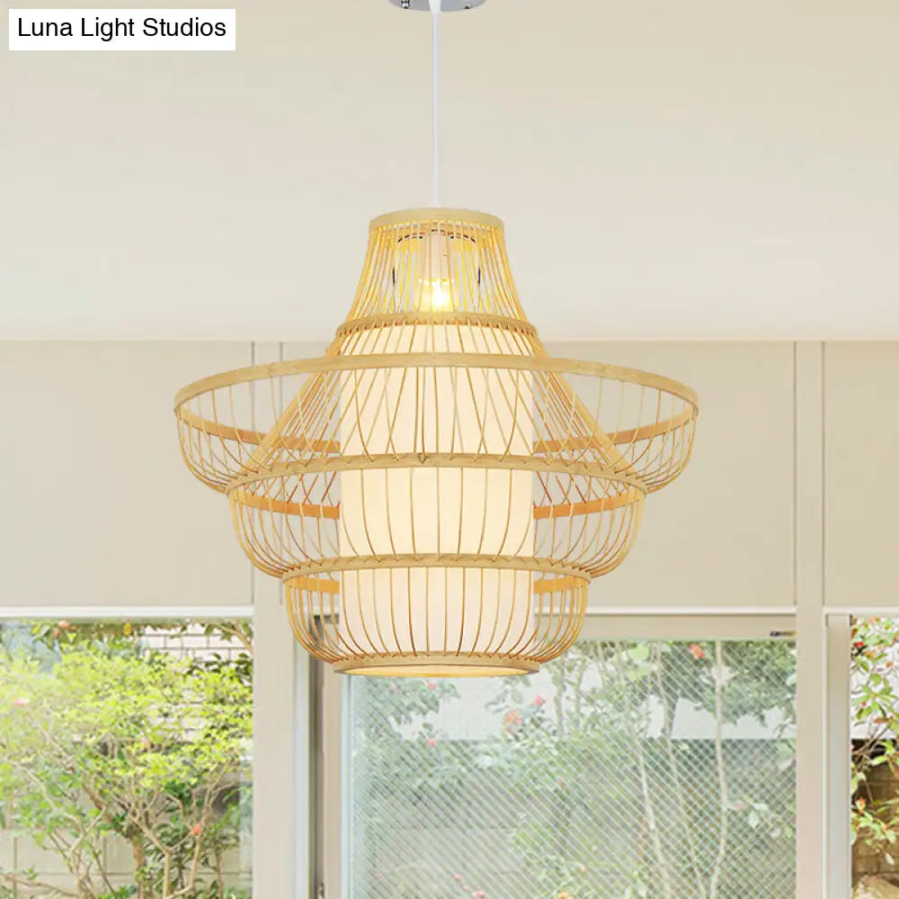 16/19.5 Wide Bamboo Jar Suspension Pendant - Modernist 1 Bulb Wood Hanging Light Kit