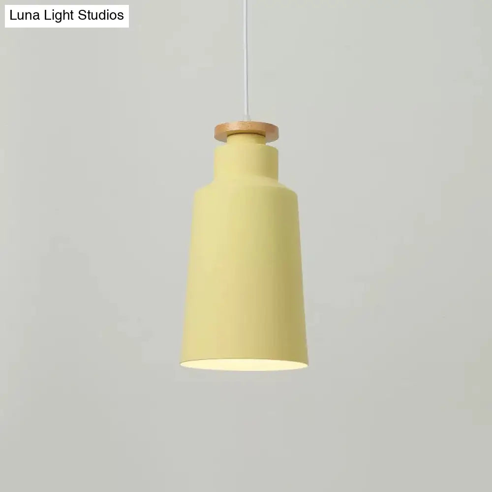 Sleek 1-Light Modernist Drop Lamp With Barrel Wood Suspension And Metal Shade Yellow / C