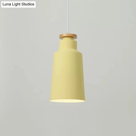 Sleek 1-Light Modernist Drop Lamp With Barrel Wood Suspension And Metal Shade Yellow / C