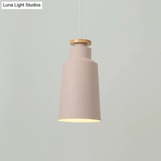 Sleek 1-Light Modernist Drop Lamp With Barrel Wood Suspension And Metal Shade Pink / C