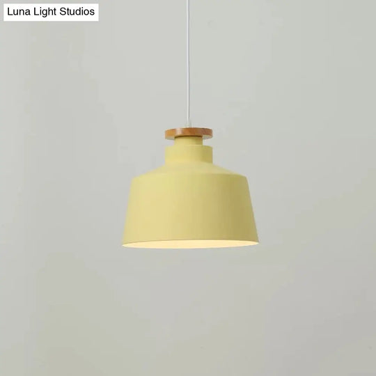 Sleek 1-Light Modernist Drop Lamp With Barrel Wood Suspension And Metal Shade Yellow / B