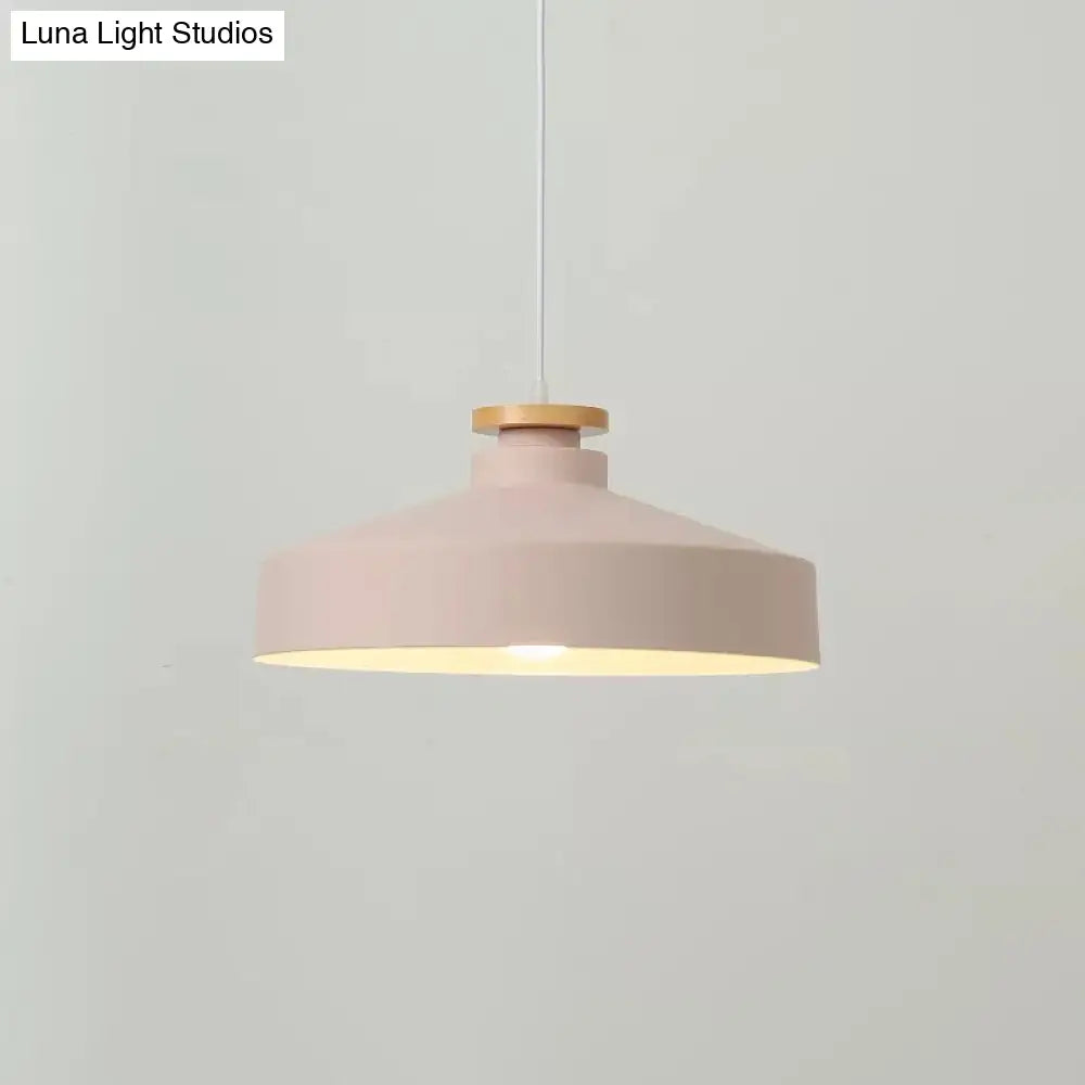 Sleek 1-Light Modernist Drop Lamp With Barrel Wood Suspension And Metal Shade Pink / A