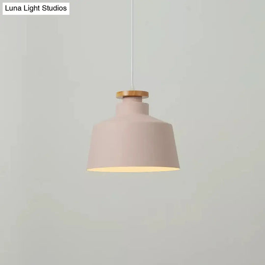 Sleek 1-Light Modernist Drop Lamp With Barrel Wood Suspension And Metal Shade Pink / B