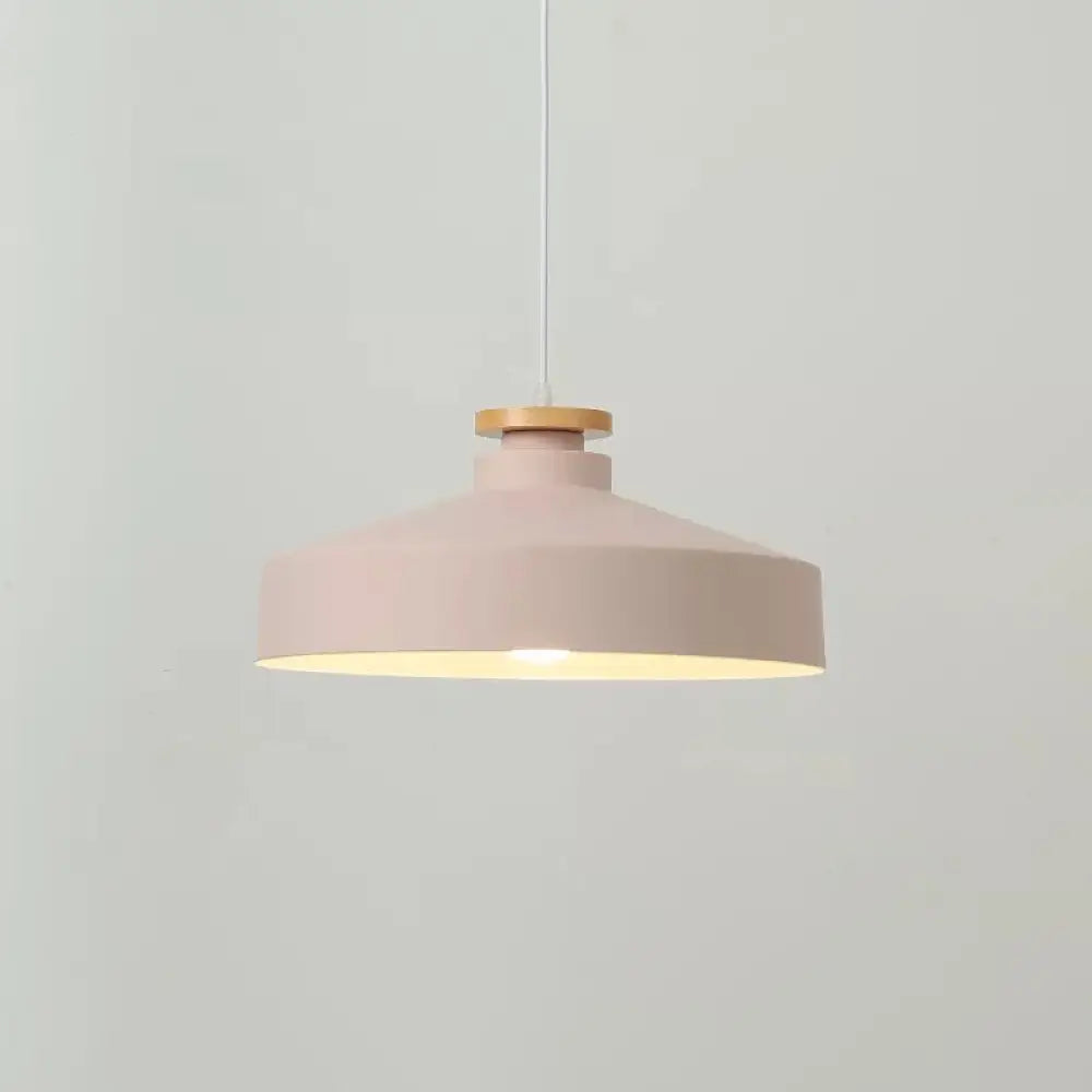 Modernist Barrel Wood Suspension Lamp With Metal Shade - 1 Bulb Drop Lighting Fixture Pink / A