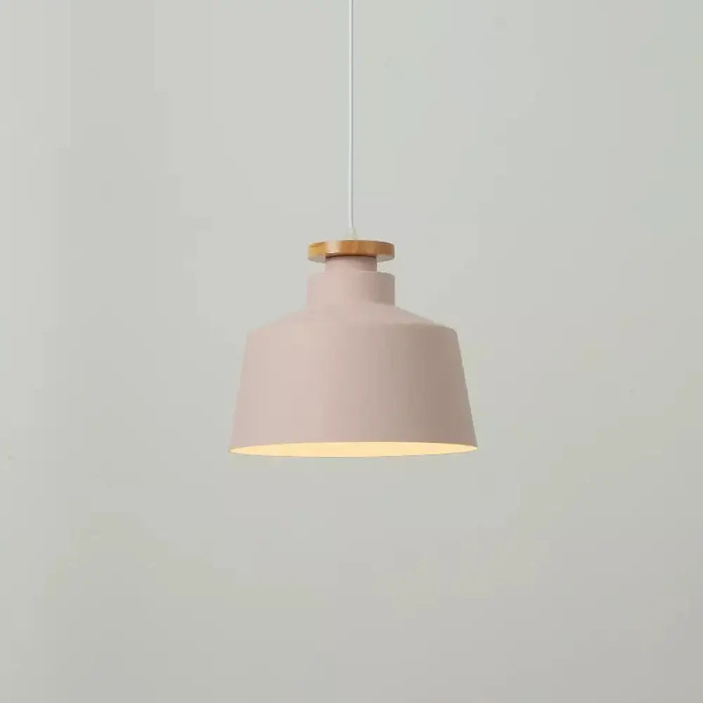 Modernist Barrel Wood Suspension Lamp With Metal Shade - 1 Bulb Drop Lighting Fixture Pink / B