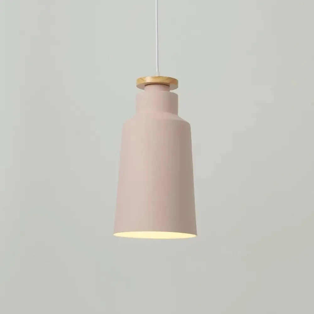 Modernist Barrel Wood Suspension Lamp With Metal Shade - 1 Bulb Drop Lighting Fixture Pink / C