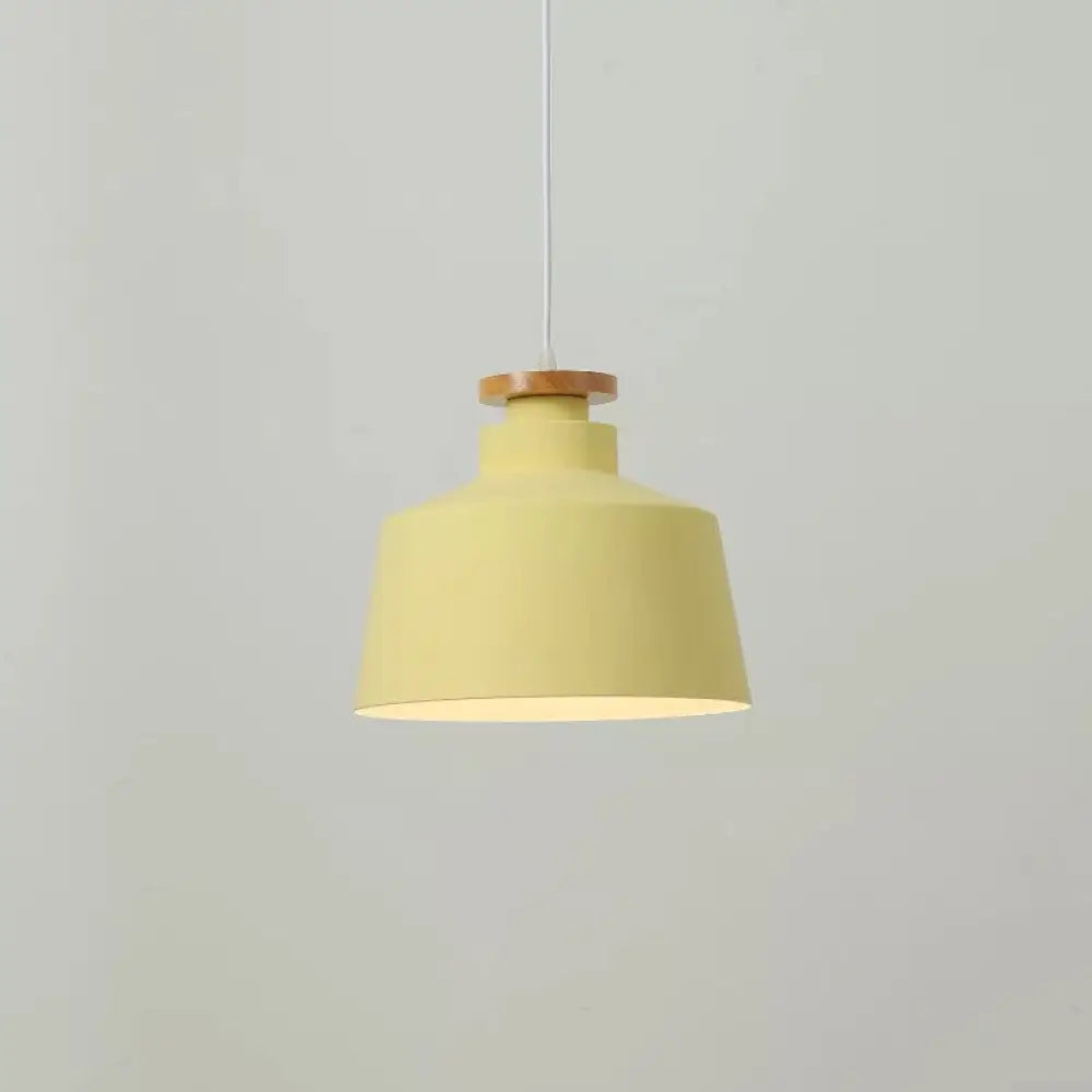 Modernist Barrel Wood Suspension Lamp With Metal Shade - 1 Bulb Drop Lighting Fixture Yellow / B