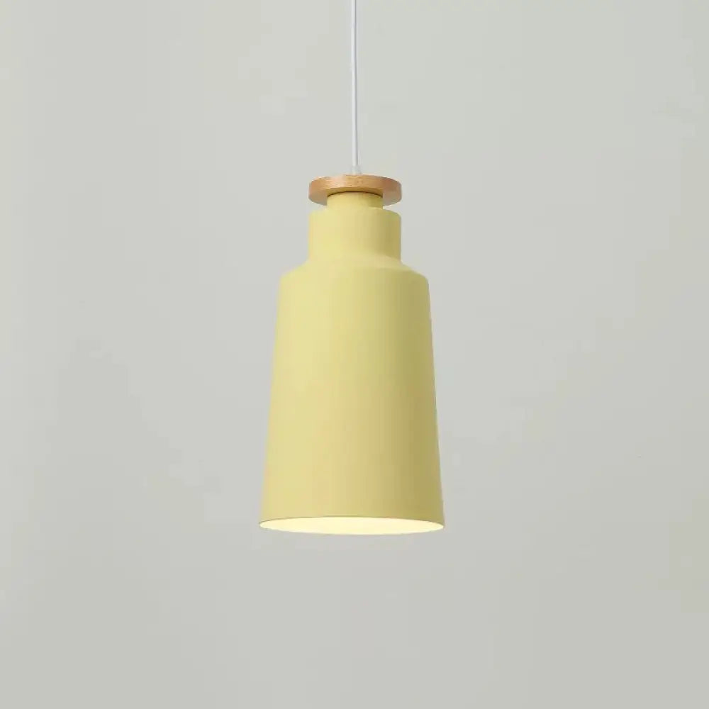 Modernist Barrel Wood Suspension Lamp With Metal Shade - 1 Bulb Drop Lighting Fixture Yellow / C