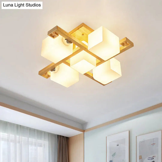 Modernist Beige Cubic Ceiling Lamp With Opaline Glass Shade - Semi Flush Mount 4/5 Heads