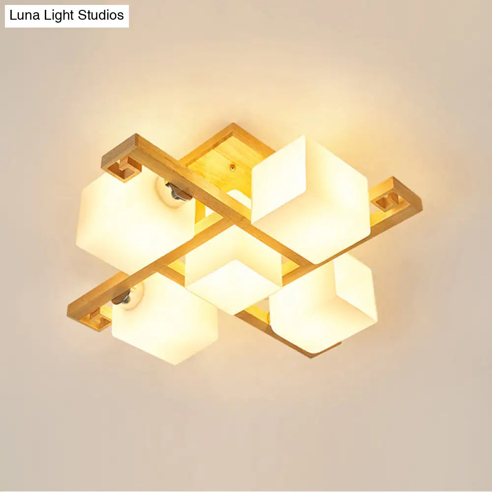 Modernist Beige Cubic Ceiling Lamp With Opaline Glass Shade - Semi Flush Mount 4/5 Heads