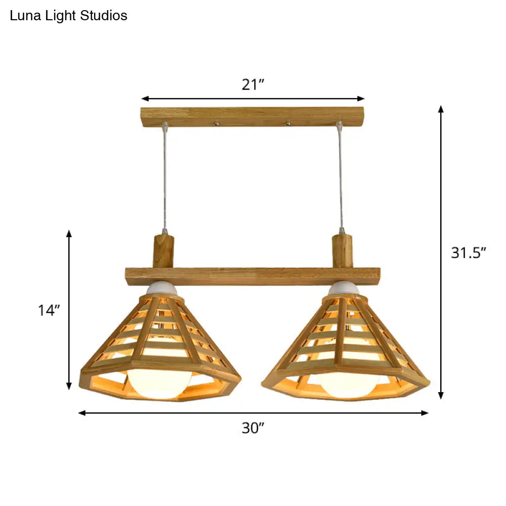 Modernist Beige Polygon Cage Pendant Lamp With Wood Shade - 2 Bulb Hanging Light