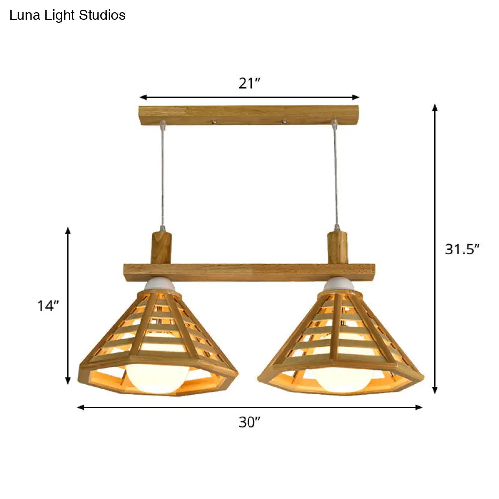 Modernist 2-Bulb Beige Polygon Pendant Lamp With Wood Shade