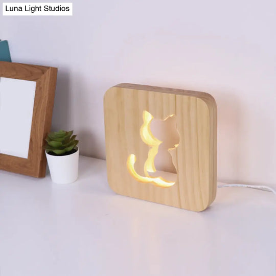 Modernist Beige Wood Etched Cat Night Light With Led Square Frame - Perfect For Bedside