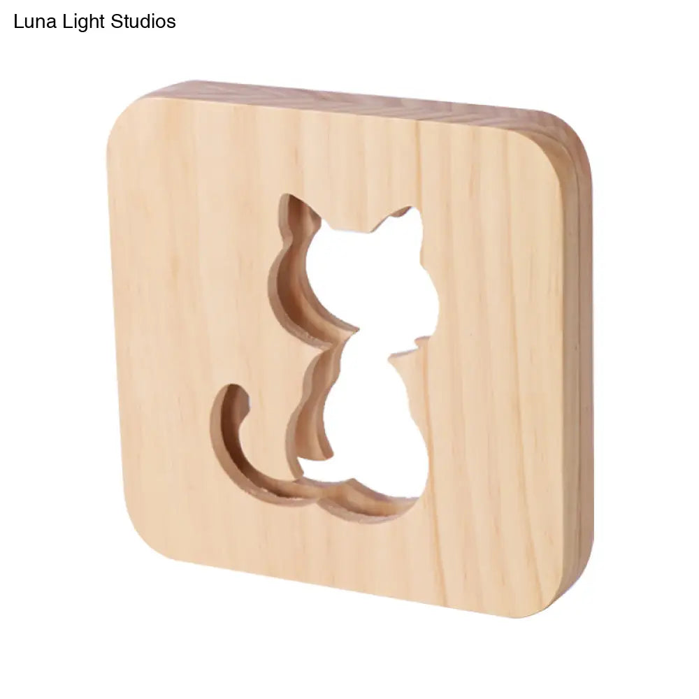 Modernist Beige Wood Etched Cat Night Light With Led Square Frame - Perfect For Bedside