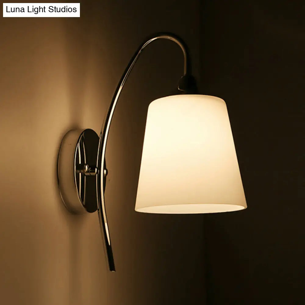 Modernist Bell Milk Glass Sconce Light With Curved Arm