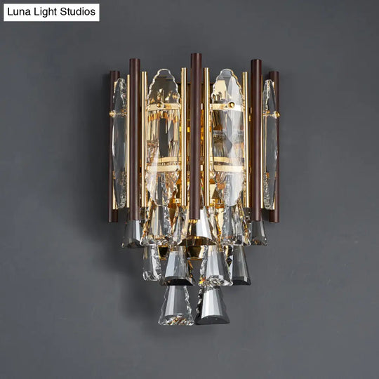 Modernist Beveled K9 Crystal Gold Sconce Wall Lamp With 2 Heads