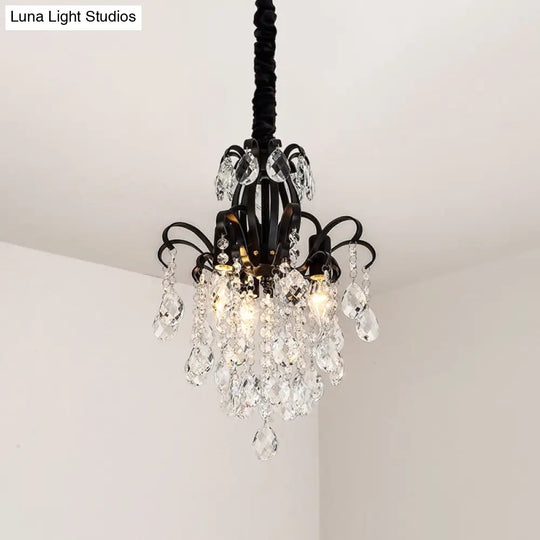 Modernist Black Candelabra Chandelier With Crystal Drops - 3 Head Pendant Light