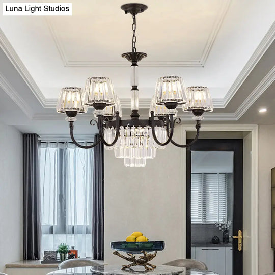 Modern Conical Crystal Prisms Pendant Chandelier With Curved Arm 3/6 Black Heads Ceiling Drop Design