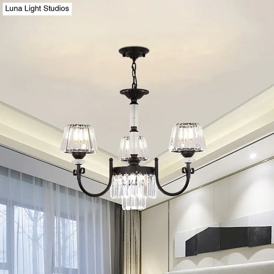 Modern Conical Crystal Prisms Pendant Chandelier With Curved Arm 3/6 Black Heads Ceiling Drop Design