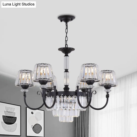 Modern Conical Crystal Prisms Pendant Chandelier With Curved Arm 3/6 Black Heads Ceiling Drop Design