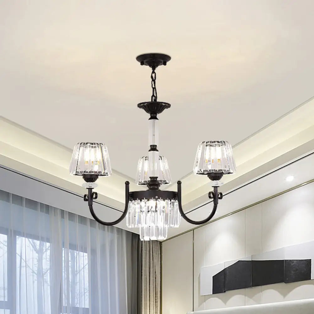 Modernist Black Conical Crystal Prisms Chandelier With Curved Arm - 3/6 Heads Drop Pendant 3 /