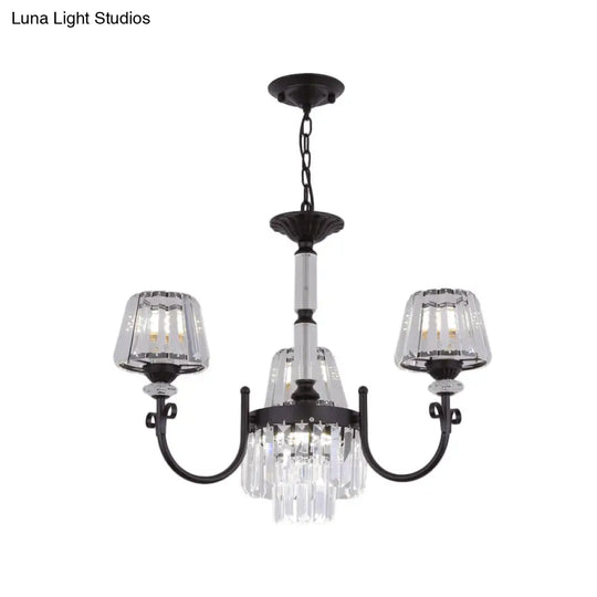 Modern Conical Crystal Prisms Pendant Chandelier With Curved Arm 3/6 Black Heads Ceiling Drop Design