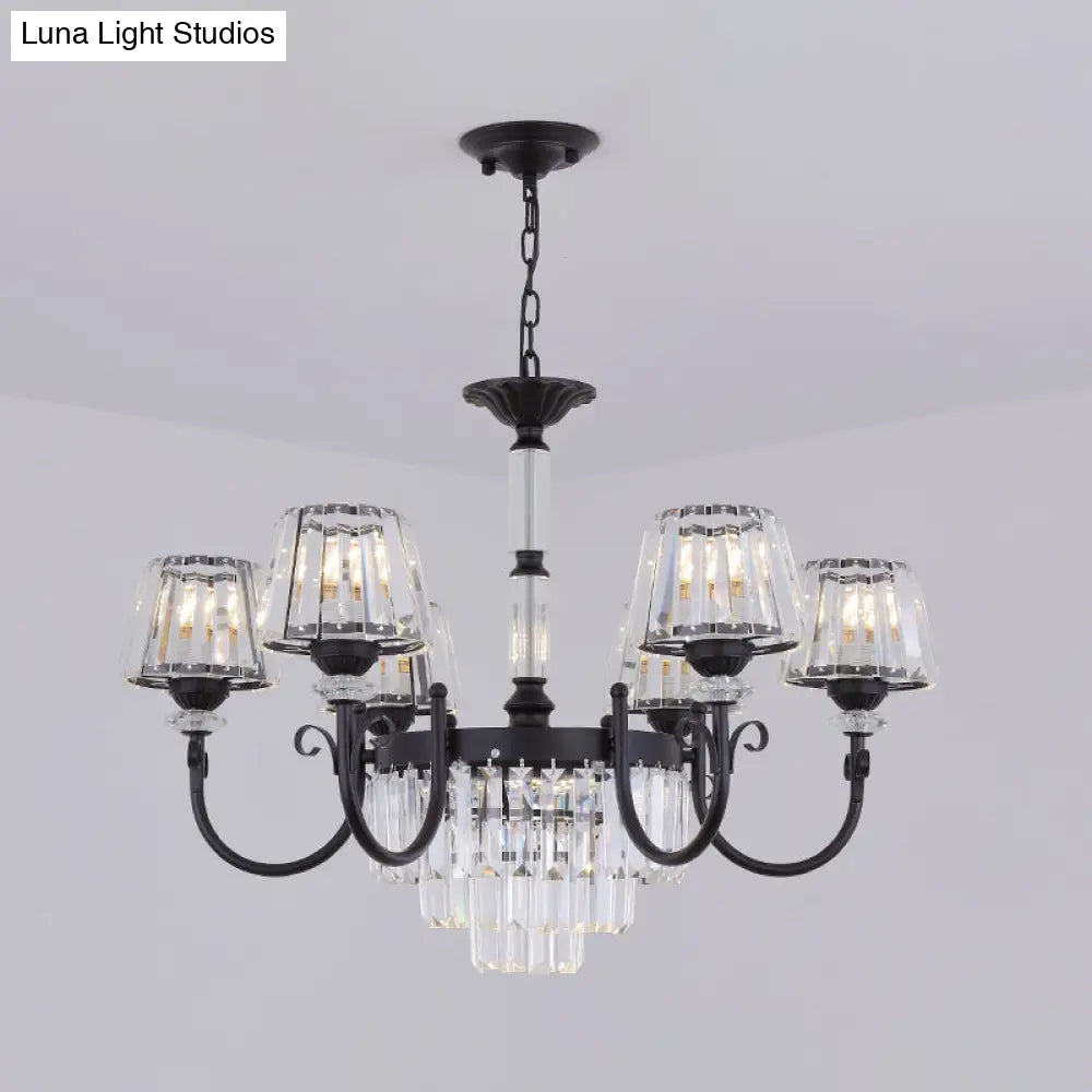 Modern Conical Crystal Prisms Pendant Chandelier With Curved Arm 3/6 Black Heads Ceiling Drop Design